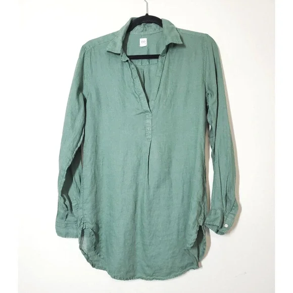 Gap Womens XS Boyfriend Tunic Top 100% Linen Popover Green Long Sleeve - Picture 2 of 12